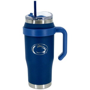 navy travel mug with handle, straw, and Penn State Athletic Logo